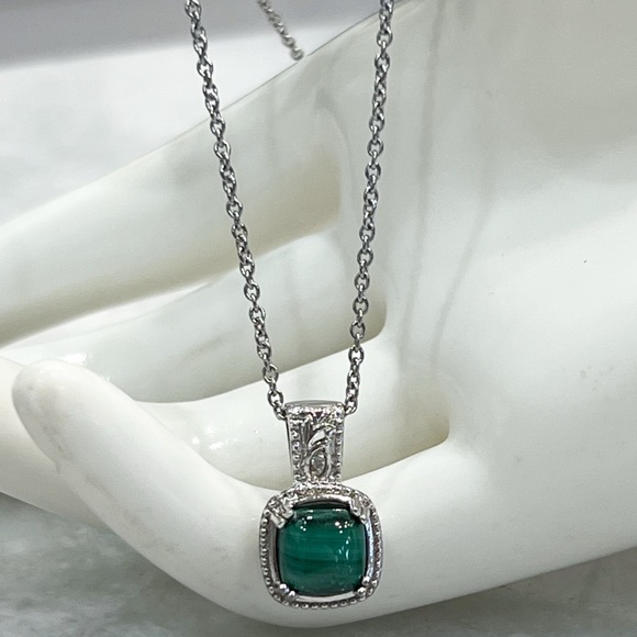 VALUE BUY African Malachite White Zircon Silver Pendant 20” Necklace - Picture 2 of 12